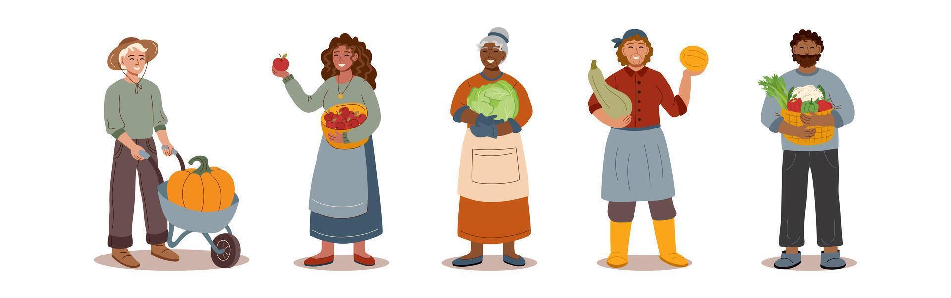 Set of people with harvest in flat style isolated on white. Harvest, autumn, Thanksgiving concept. vector