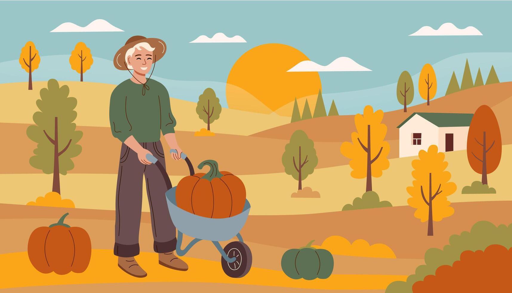 Harvest festival . Happy harvest poster. Autumn, harvest and Thanksgiving concept. Man with cart with big pumpkin. vector
