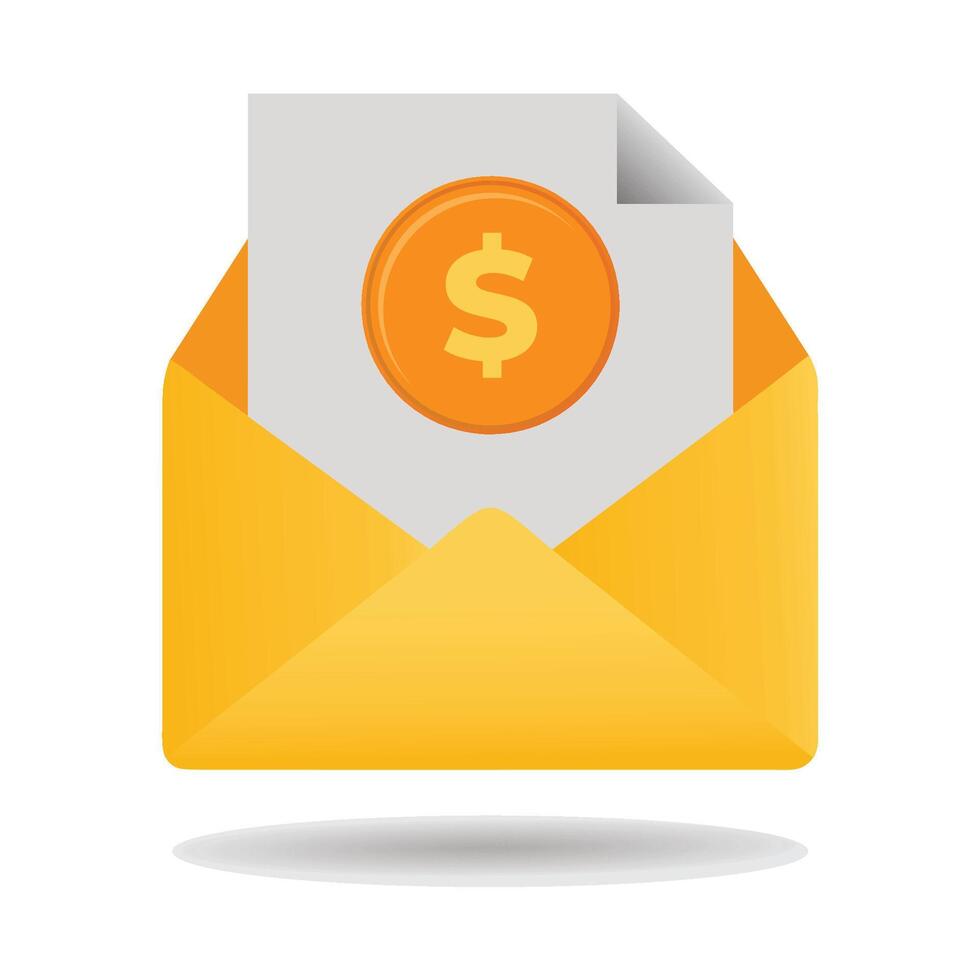 Icon of an open envelope with money. Dollar accounts. Salary, earnings and savings concept vector