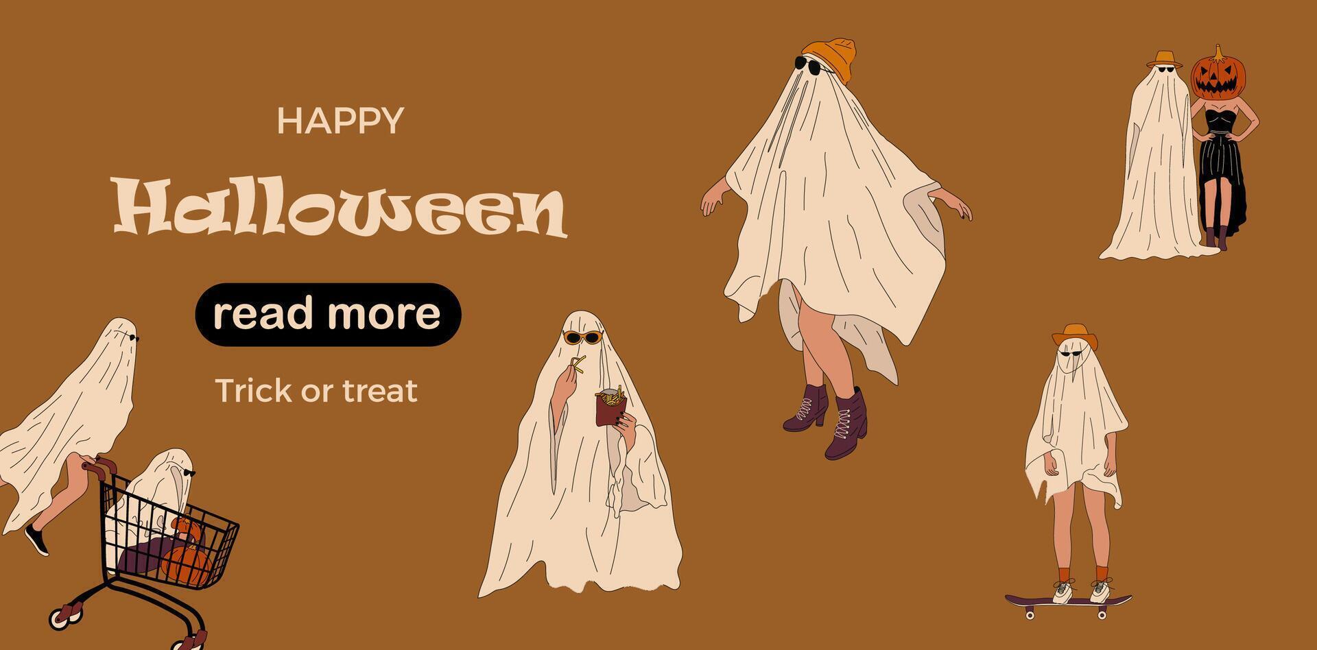 Web page design template. People in Halloween costume. vector