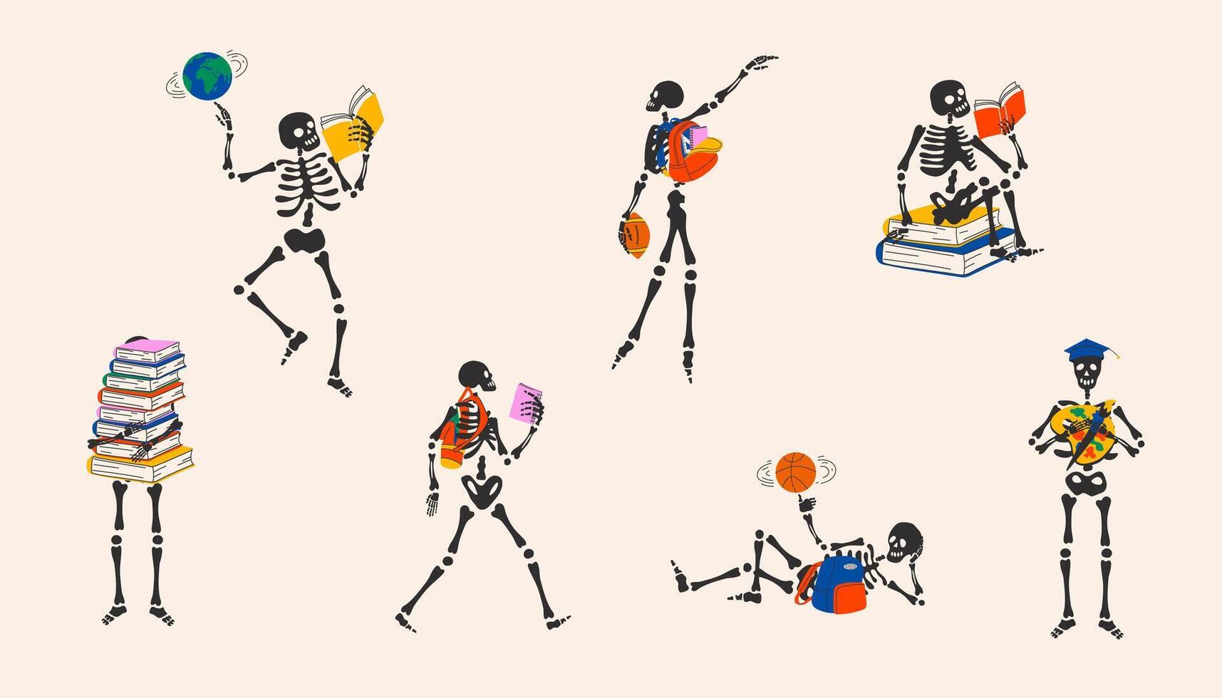 Set of Back to school. Funny Skeleton ready for school with school stationery. Cute character Skeleton Bones vector