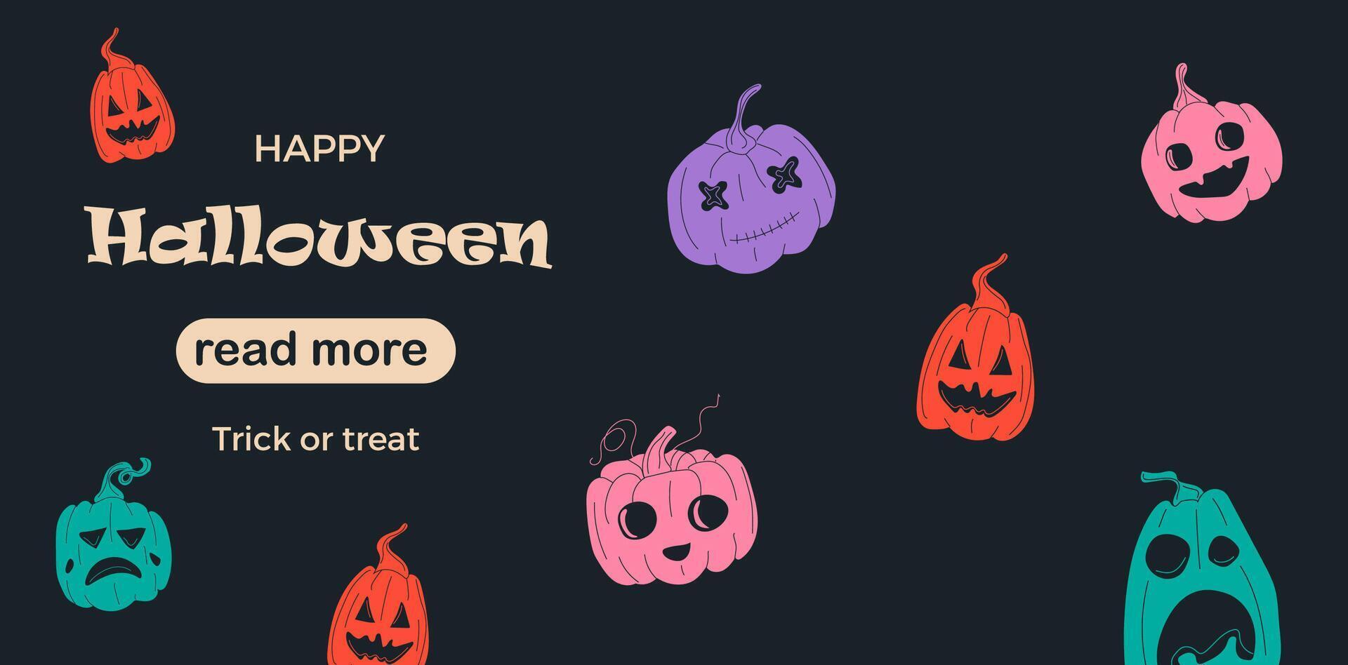 Web page design template. Halloween pumpkins, funny faces. vector