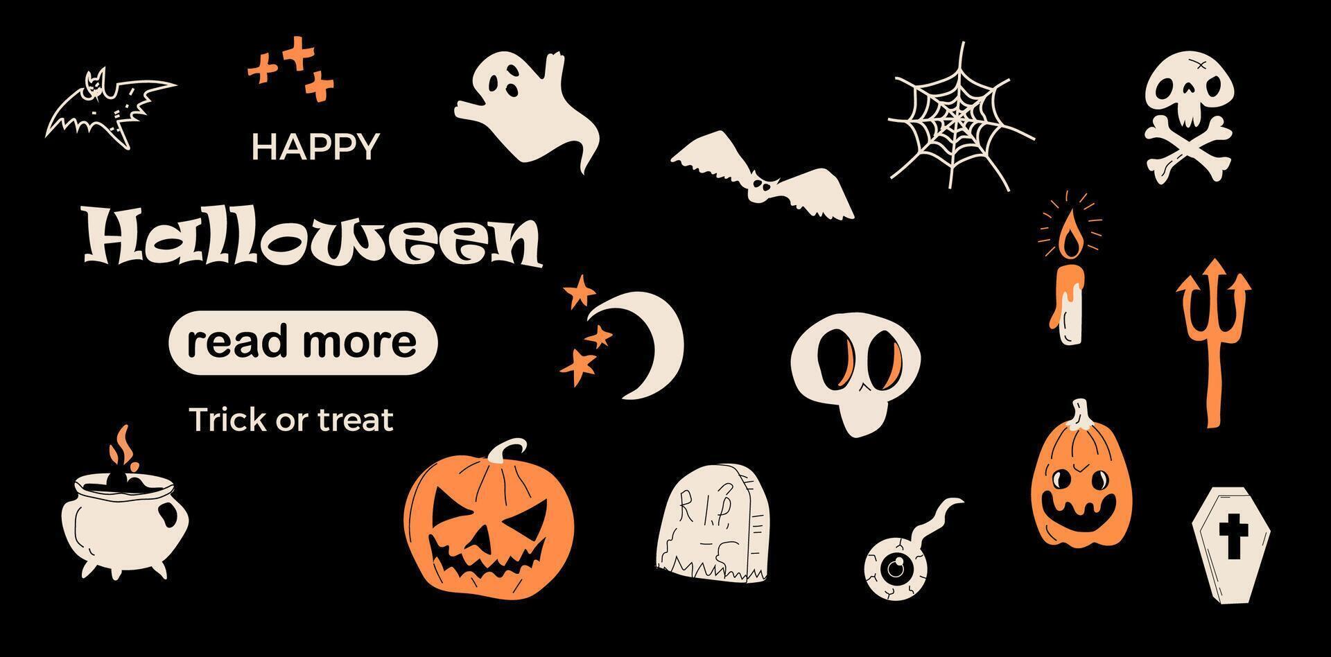 Web page design template. Halloween Party Traditional Doodle Icons. vector