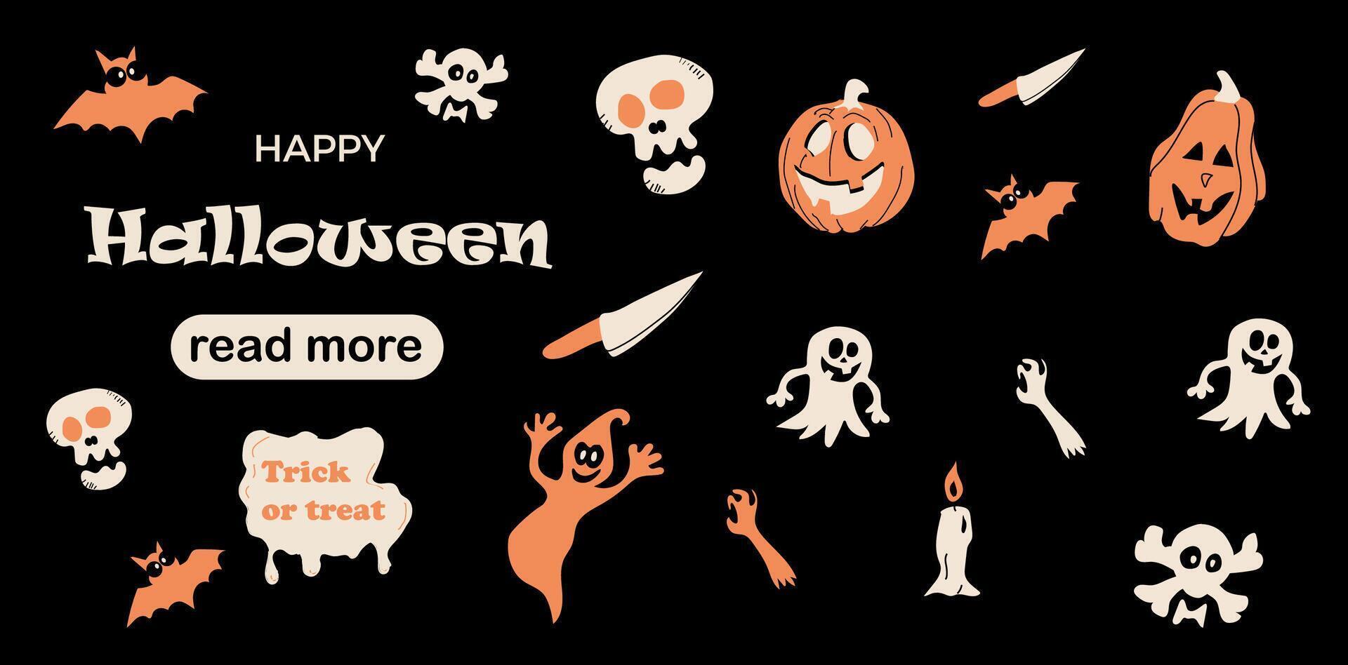 Web page design template. Halloween Party Traditional Doodle Icons. vector