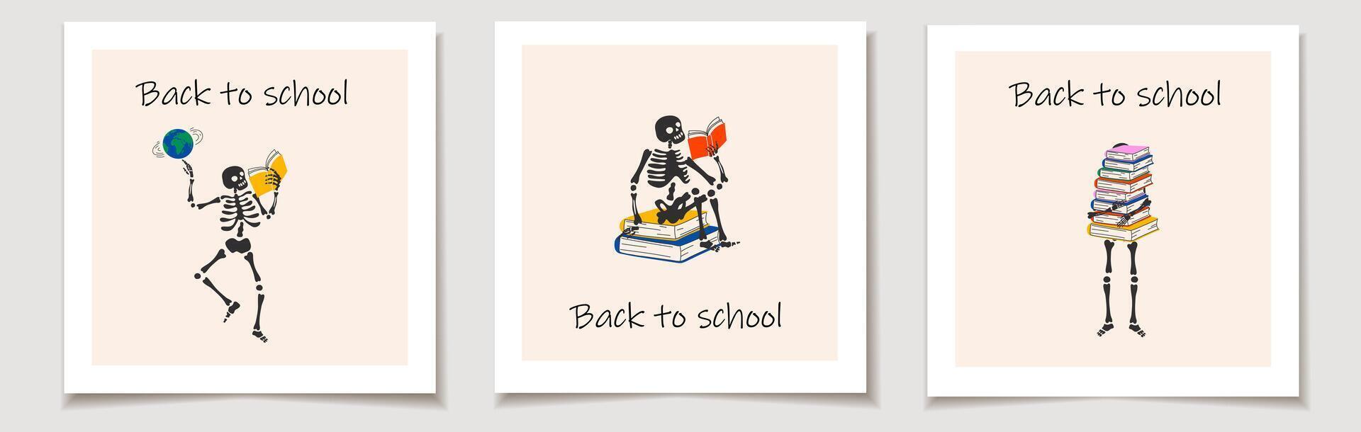 Set of Back to school cards with Funny Skeleton ready for school with school stationery. Greeting cards. vector
