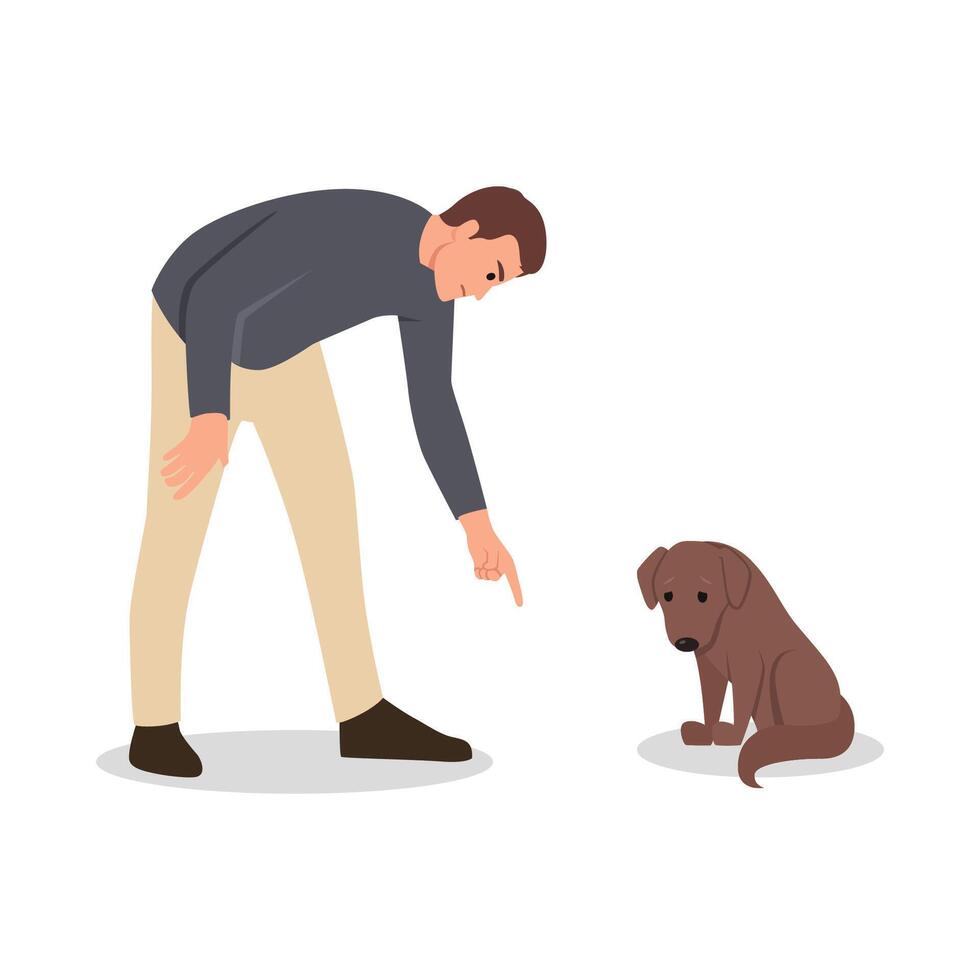 Being angry at pet concept. Young angry aggressive man shouting at guilty dog. vector