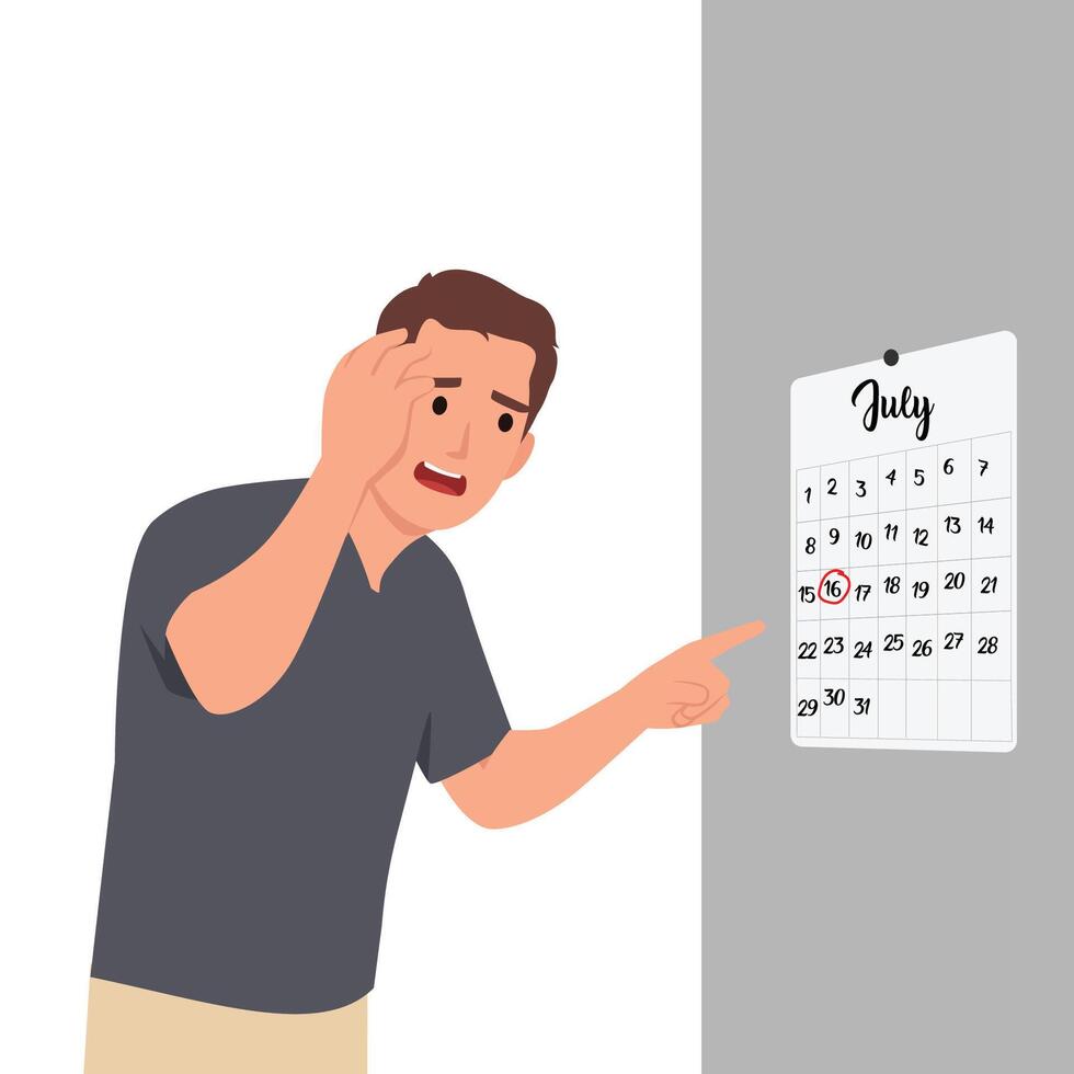 Man scared of deadline looking at calendar. vector