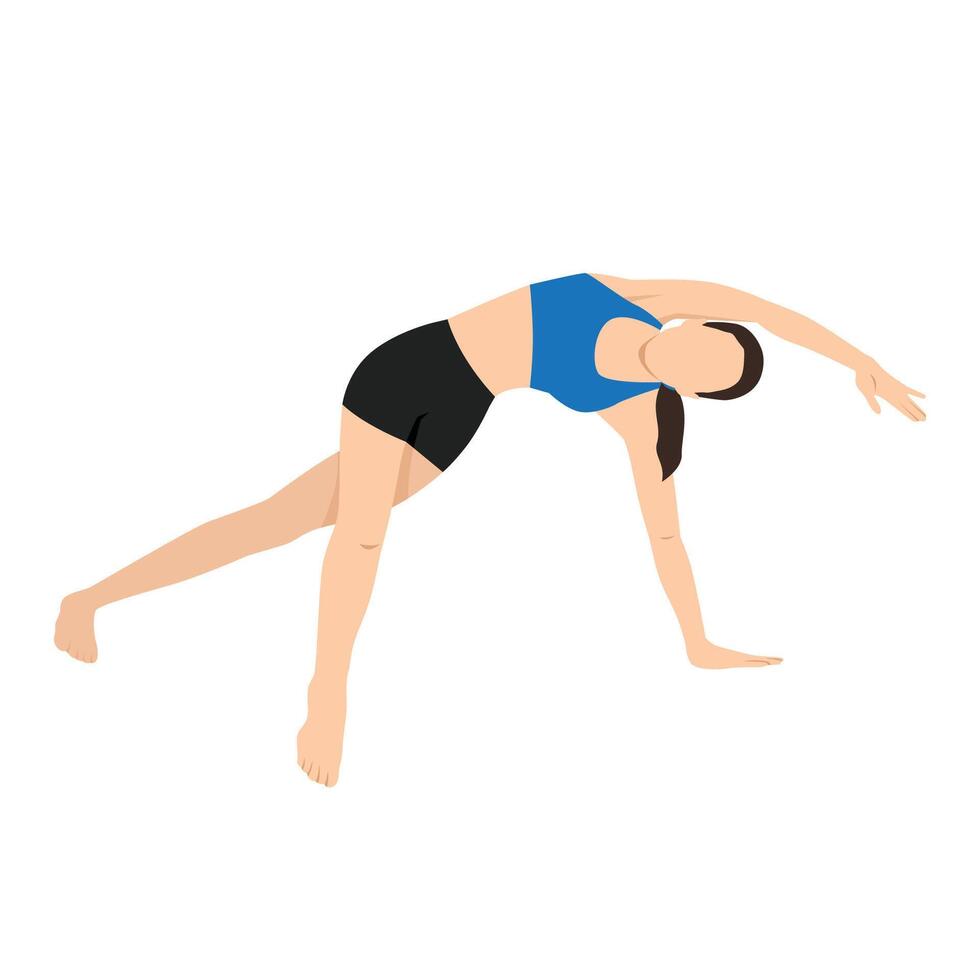 Woman doing Side Plank Twist Arm Overhead or Vasisthasana Twist Arm Overhead. vector