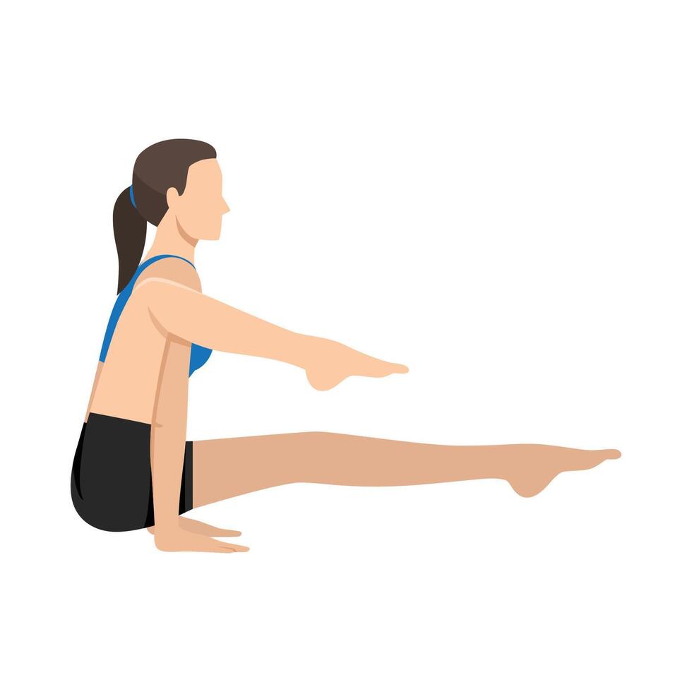 Woman doing One-Legged Insect Pose, Elephant Trunk Leg Over Shoulder Pose or Eka Pada Bhujapidasana. vector