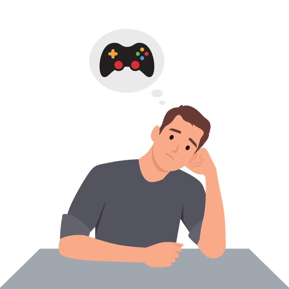 Young sad man thinking about games. vector