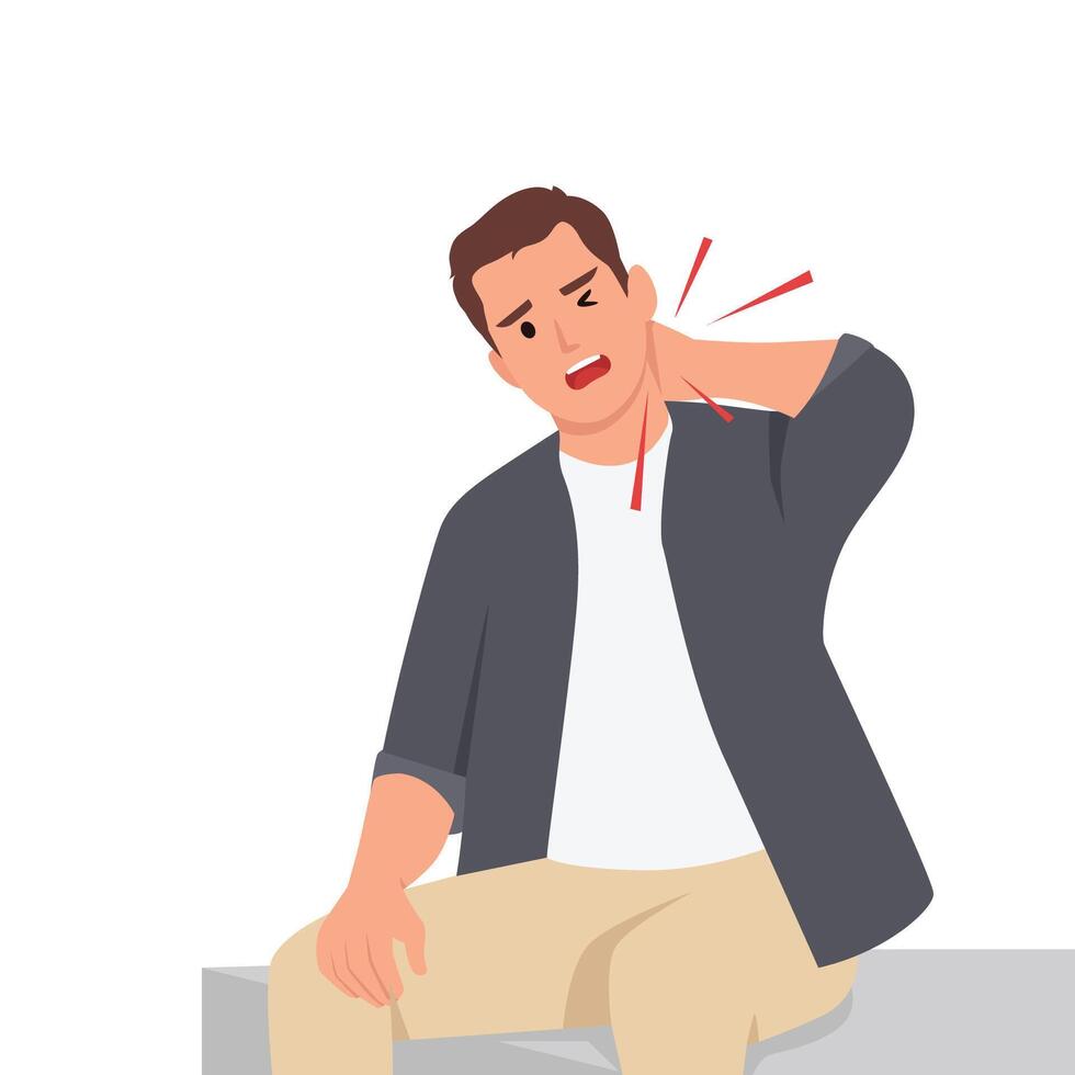 Young worker or businessman touches his neck because he feels pain. vector