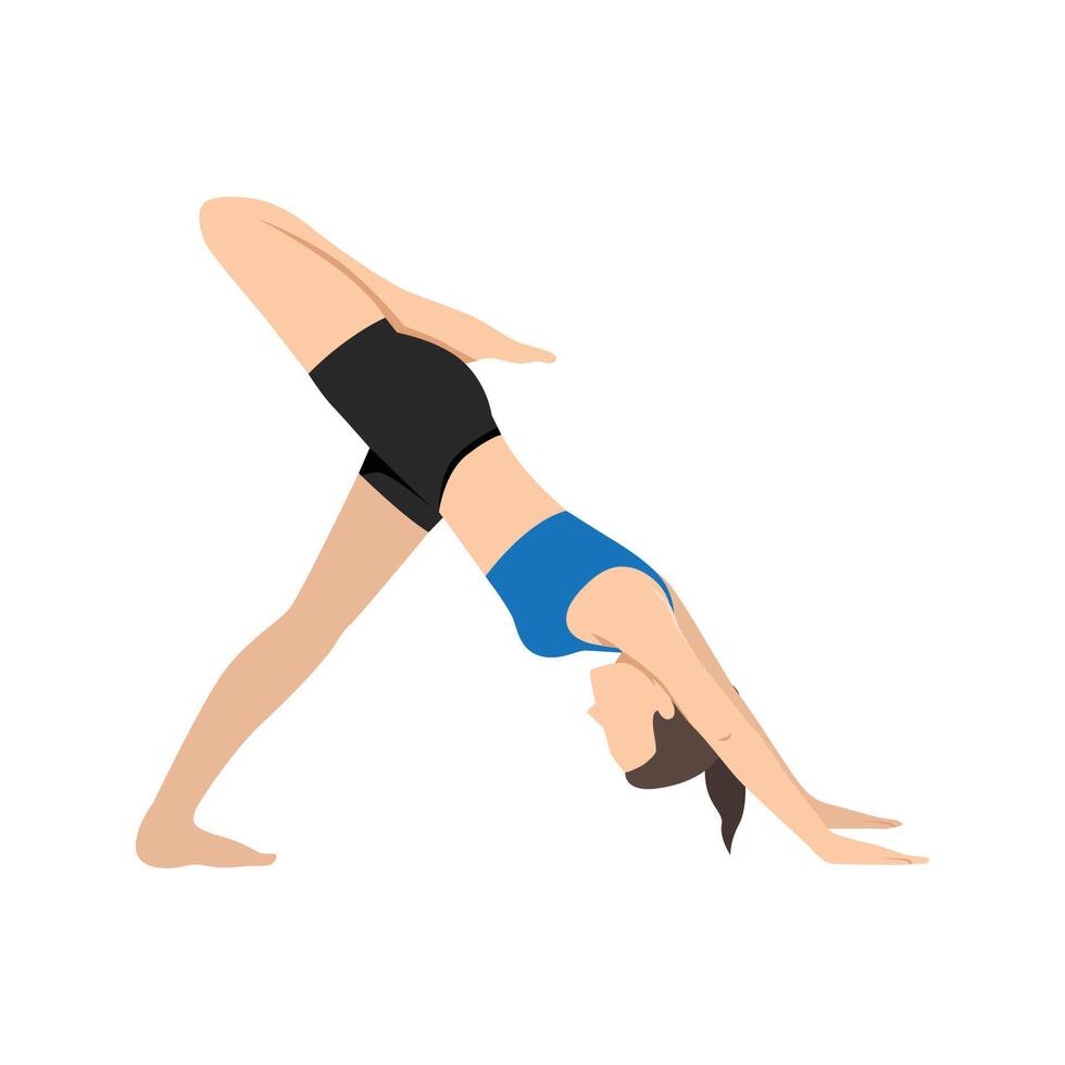 Woman doing Three Legged Downward Facing Dog Pose Variation or Tri Pada Adho Mukha Svanasana Variation Stacked. vector