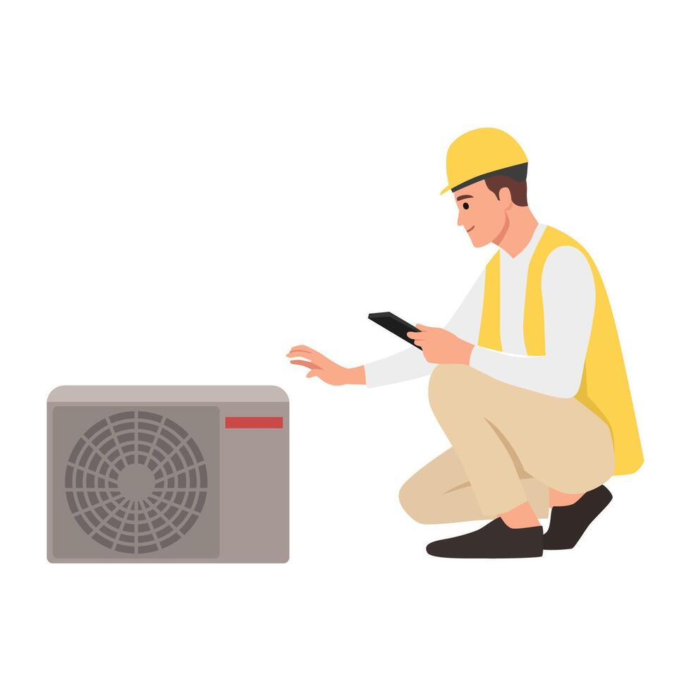 Young man maintenance or working on electrical power generator. vector
