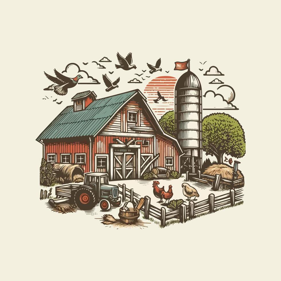 Rustic Farm Life A Hand Drawn Retro Illustration vector