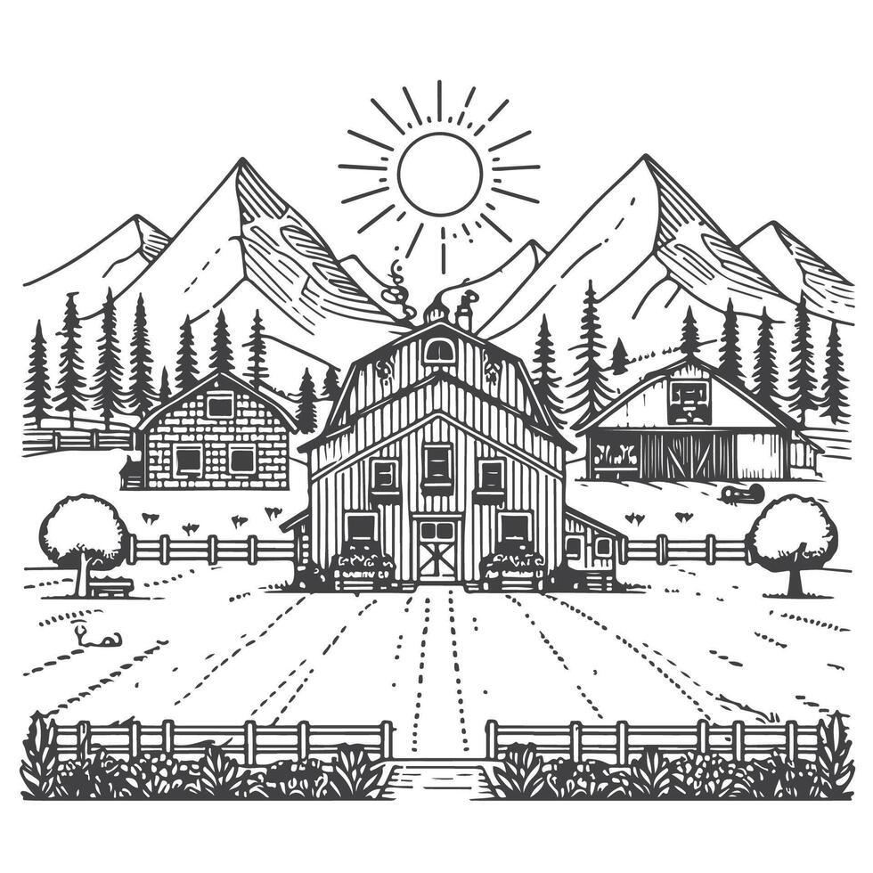 Classic Farm Landscape Sketches Vintage Hand Drawn Art vector