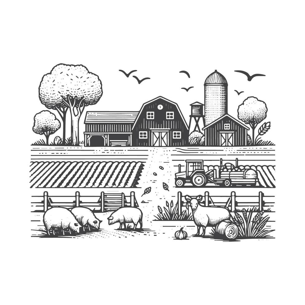 Vintage Hand-Drawn Farm Landscape Illustrations vector