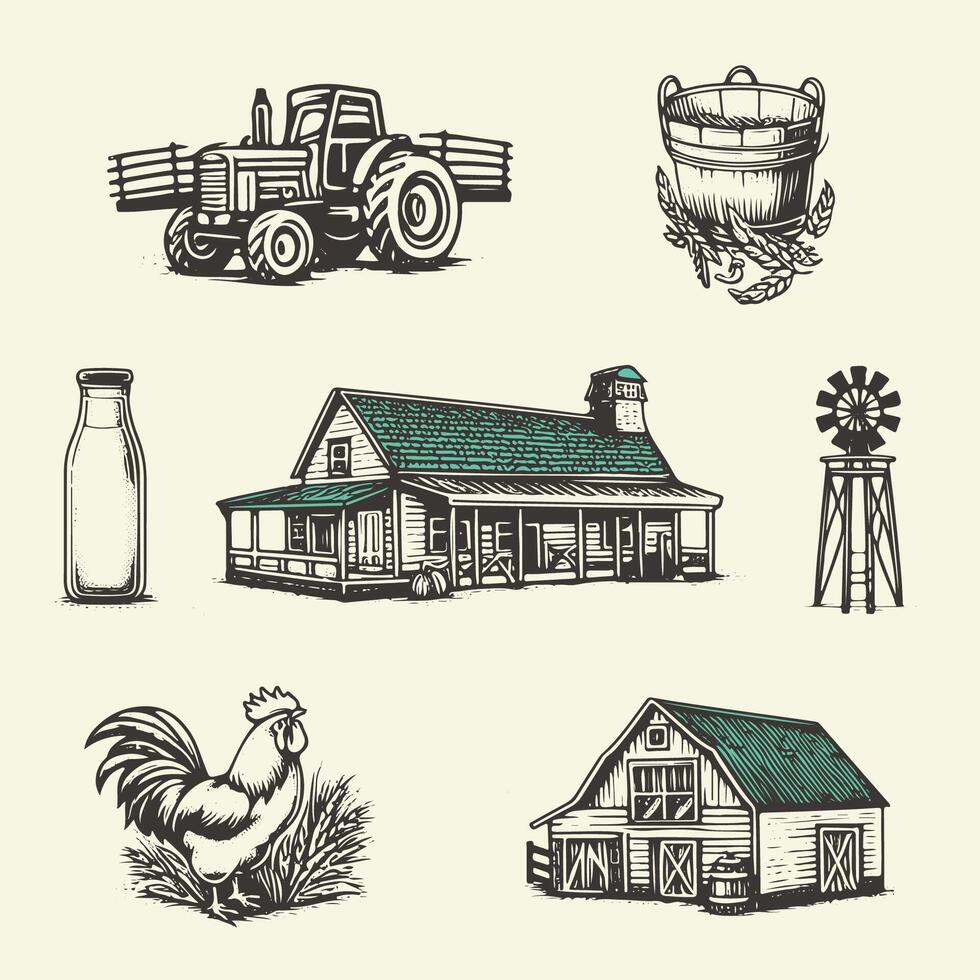 Retro Hand-Drawn Farm Elements Illustrations vector