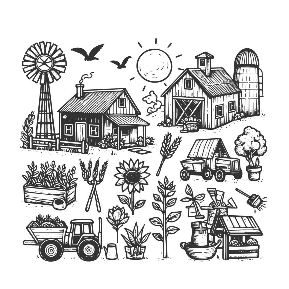 Hand Drawn Farm Assets Illustrations vector