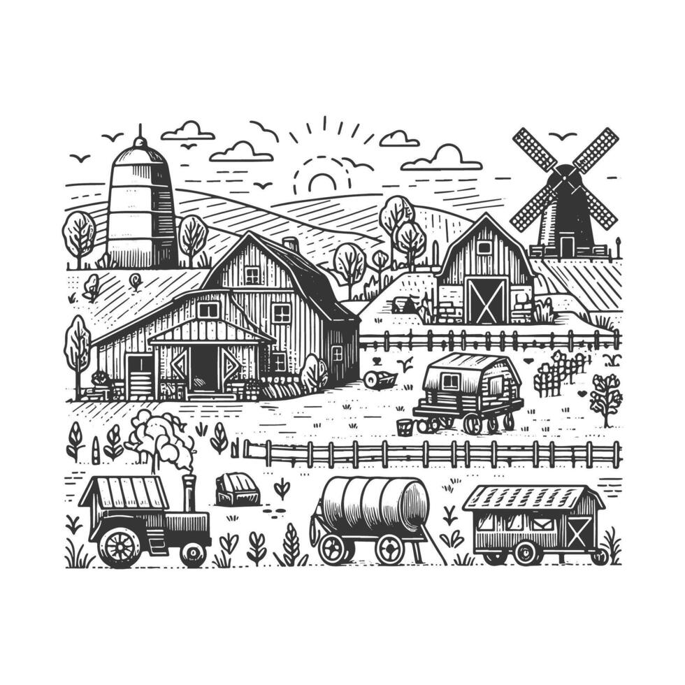 Vintage Hand-Drawn Farm Landscape Sketches vector