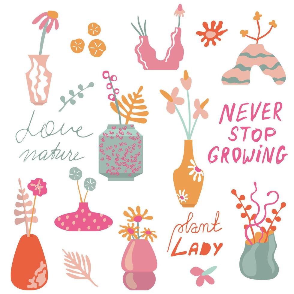 Colorful botanical illustration with whimsical vases, plants, and inspirational text Love Nature and Never Stop Growing vector