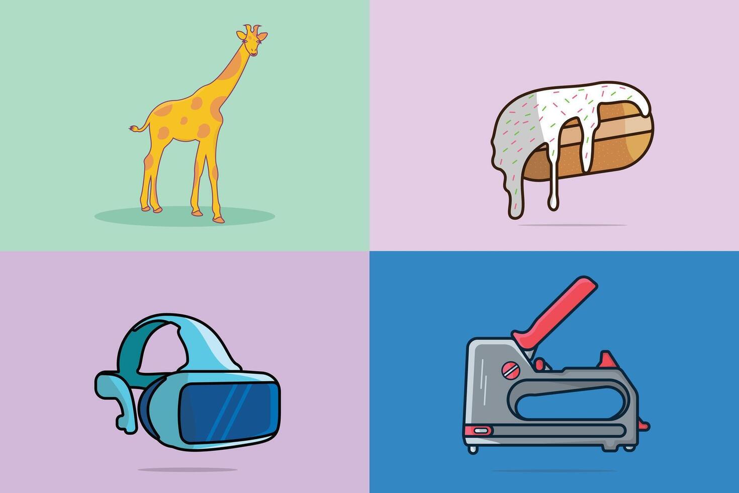 Collection of Girafe with VR visual and Stapler, Donut design illustration. vector