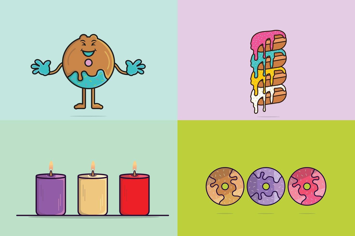 Set of Donuts and Cartoon face with Icing illustration. Food objects icon concept. Set of colorful glossy donuts with glaze and powder design with shadow. Colorful donuts logo design. vector