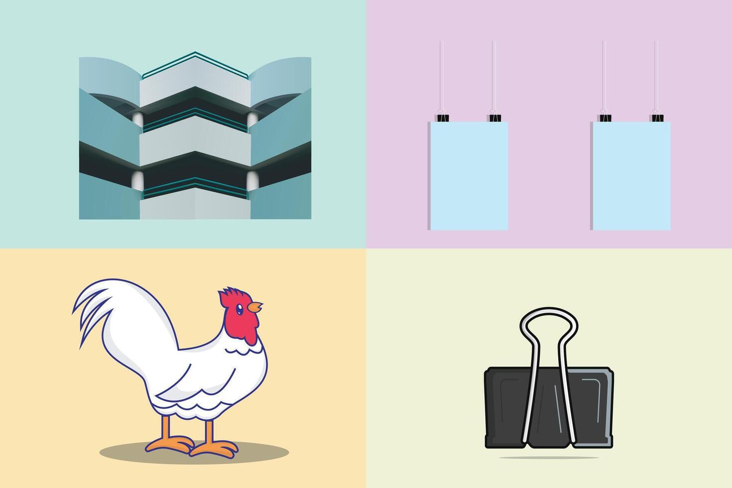 Collection of Cock, Building with Stationery Binder Clip and Blank Hanging paper with Clip poster design illustration. vector