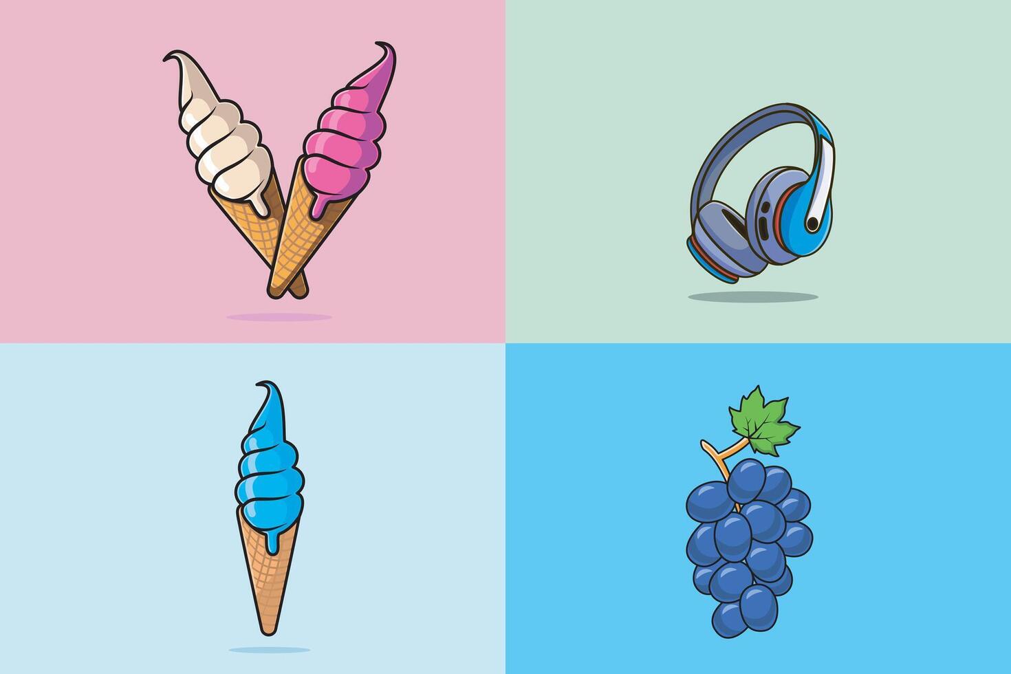 Collection of Ice Cream in waffle Cone with Purple Grapes and Headphones design illustration. vector