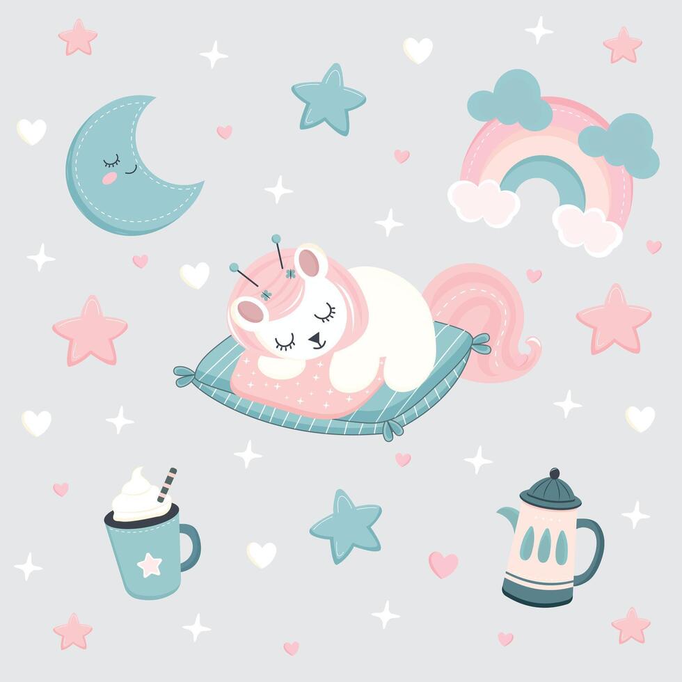 Sweet Dreams pattern with cute elements in pastel colours vector