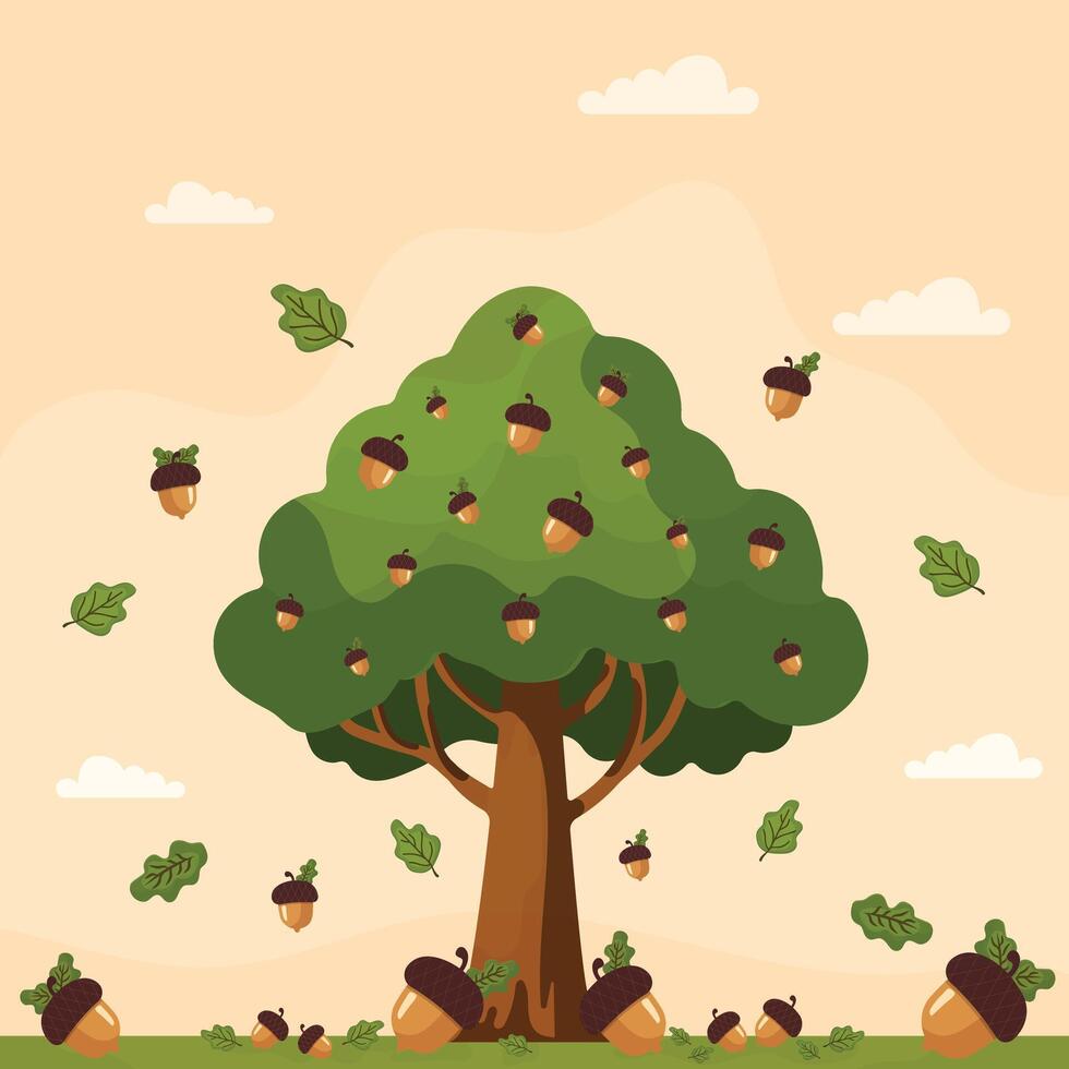 Oak tree and acorns flat illustration vector