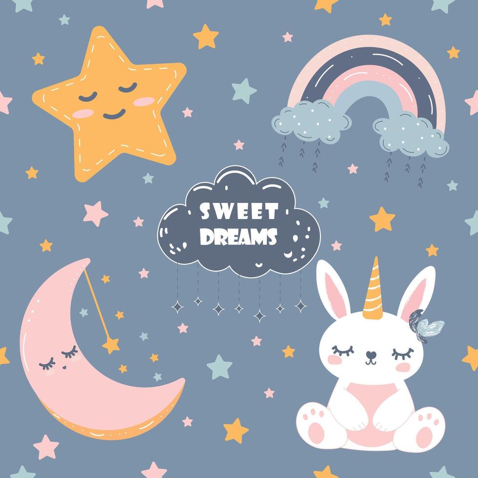 seamless pattern with cute Sweet Dreams elements vector