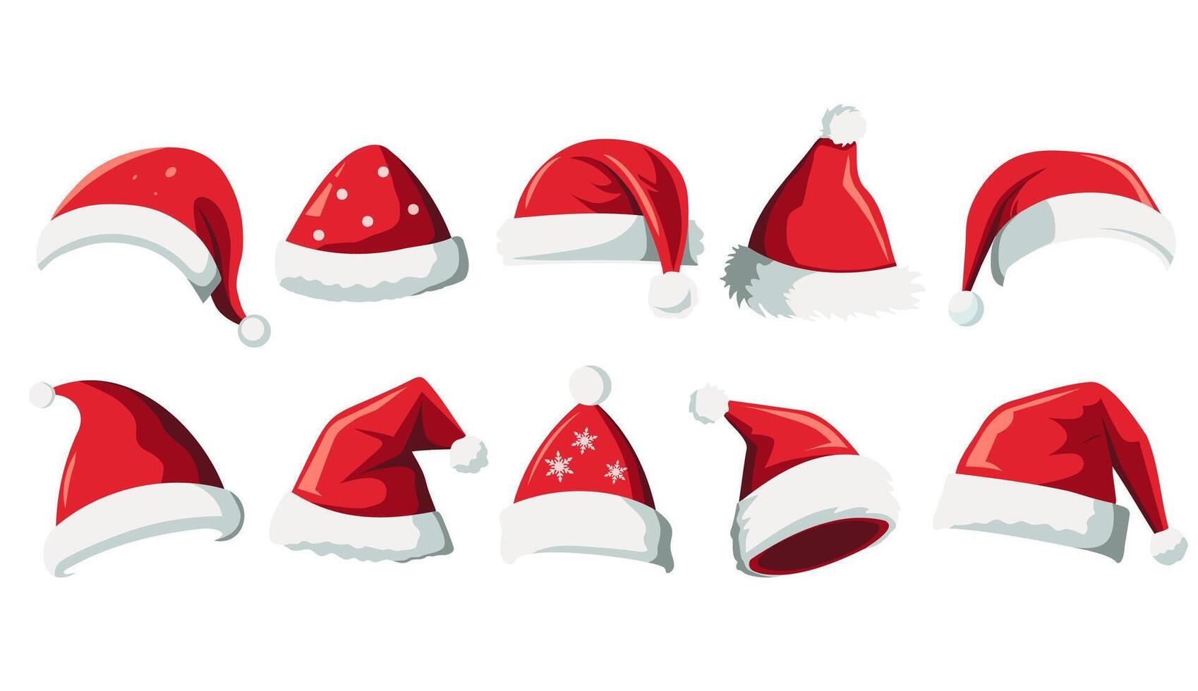 Realistic santa hat colllection, holiday cap to xmas illustration. New Year hats. Set of Santa Claus hats. vector