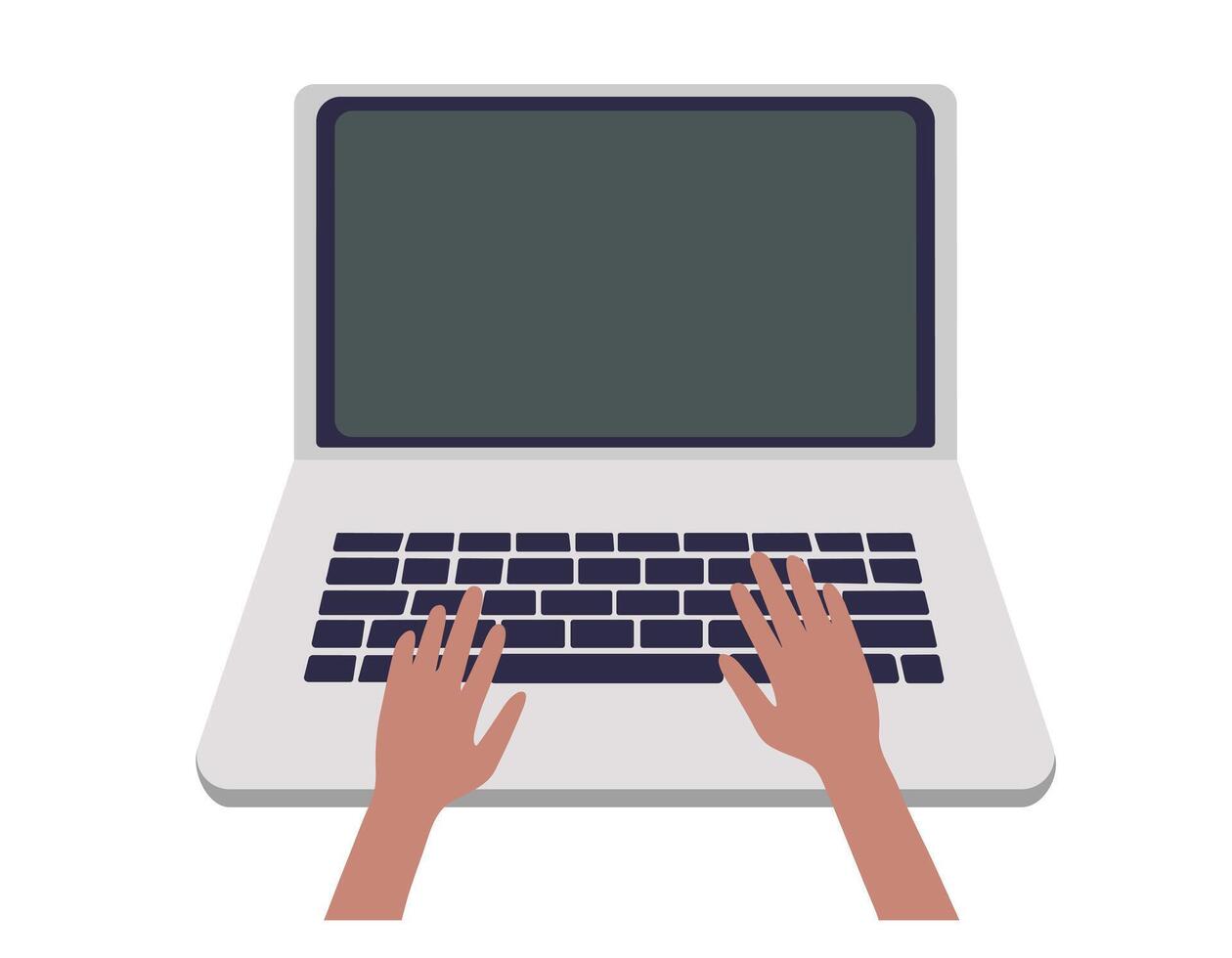 Hands in work at laptop keyboard. Blank laptop screen. Flat illustration vector