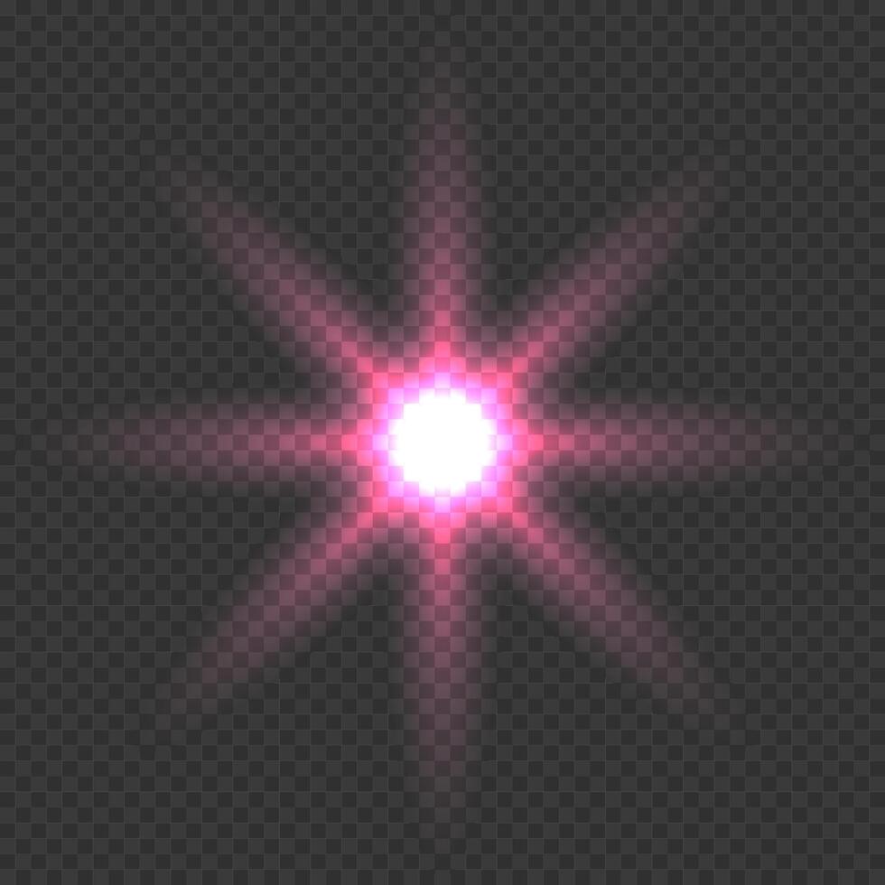 Glitter shining star, glowing spark. Pink lighting effect. Flash. Light ray. Lens flares vector