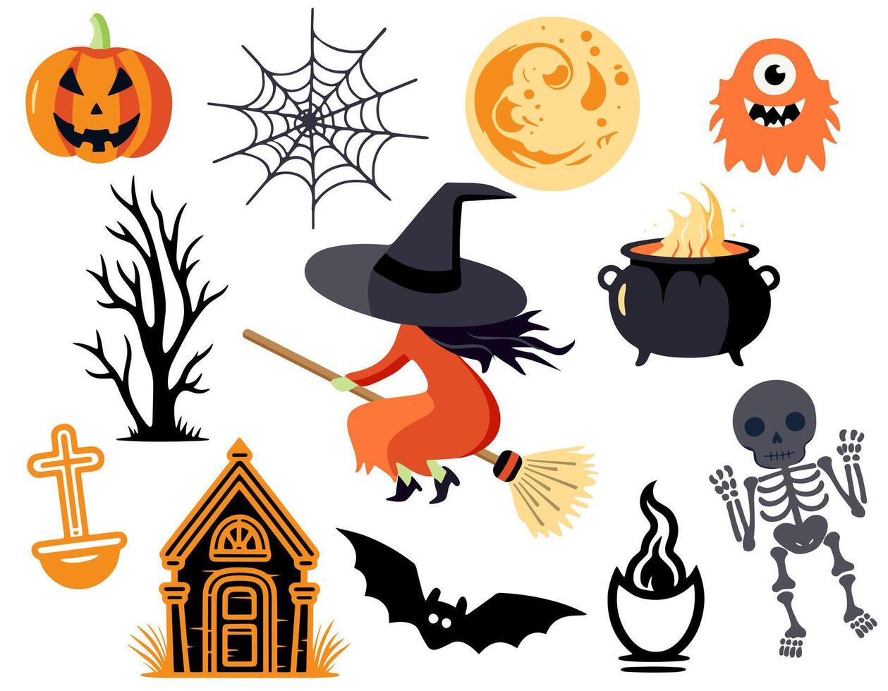 Halloween set witch, pumpkin, monster, skeleton. Set of elements for halloween in cartoon style. vector