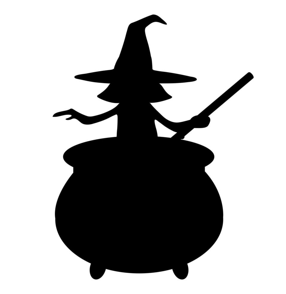 Witch silhouette. Witch brews a potion. Silhouette of a witch, black witch. Witchcraft. Halloween concept vector