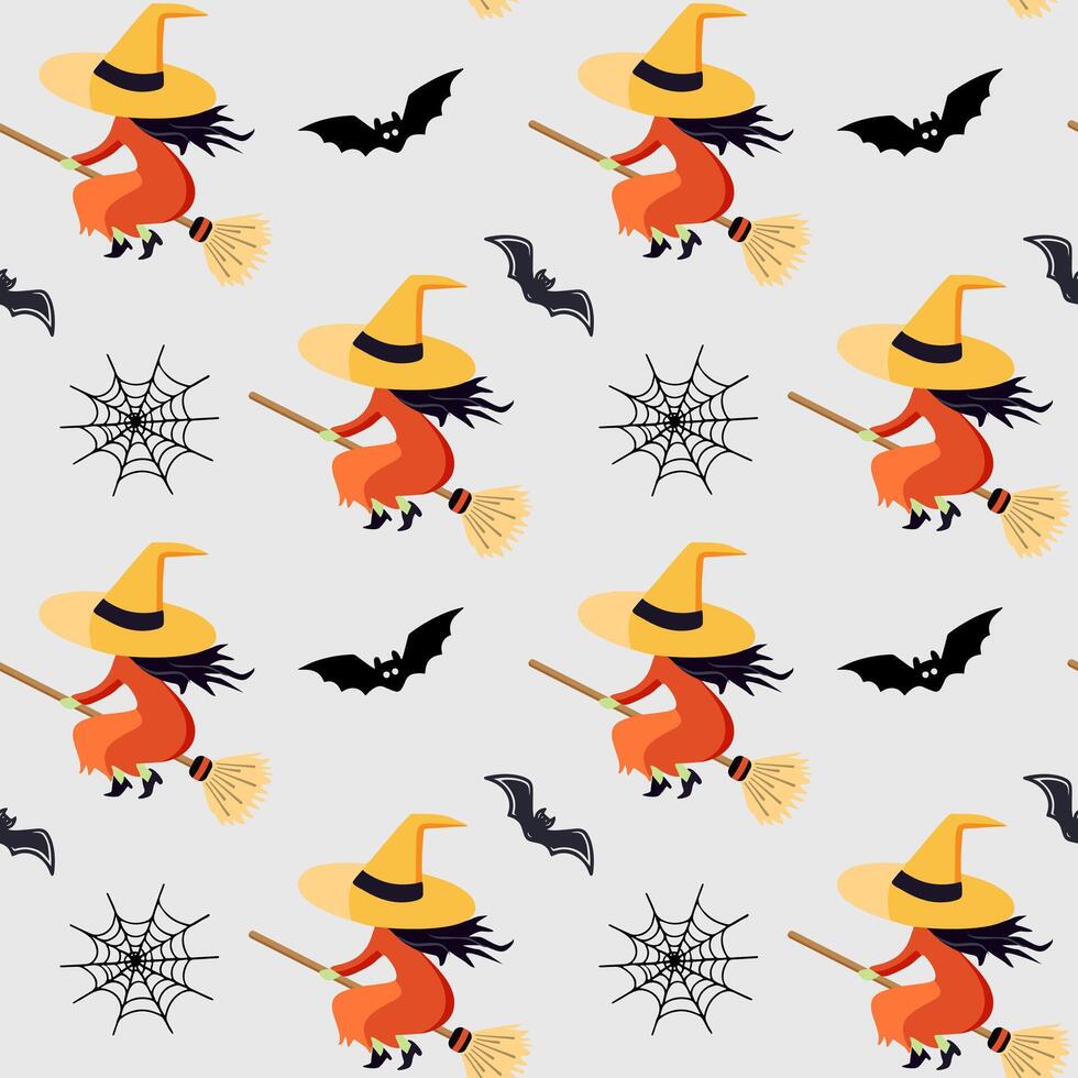 Halloween pattern with witch on a broom. Halloween background, seamless pattern. Orange witch flying on broom vector