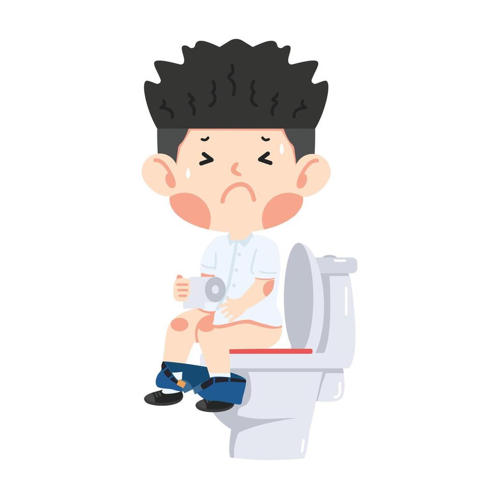 Kid sits on the toilet holding a roll of paper vector