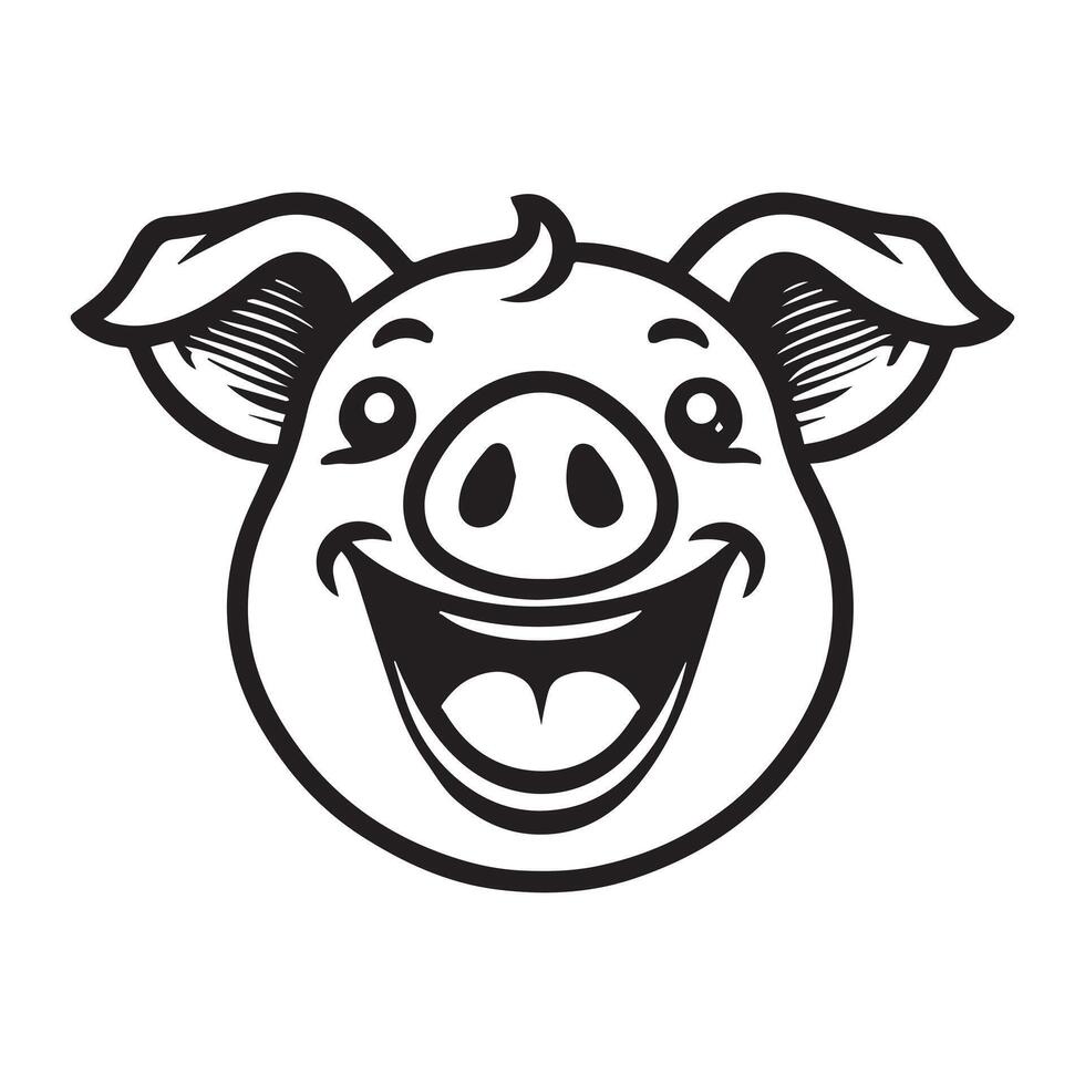 Pig Face Clipart, Swine silhouette, Hog Outline Logo, Domestic pig illustration in black and white vector