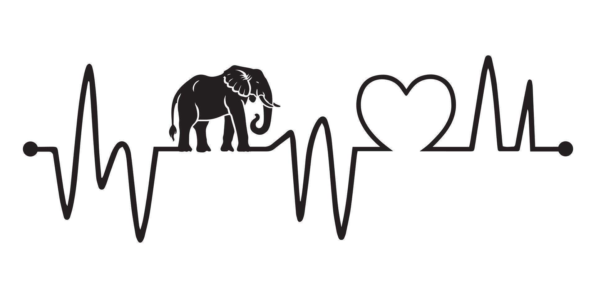 Heartbeat line with Elephant silhouette, Elephant and Heartbeat frequency with Heart Love illustration vector