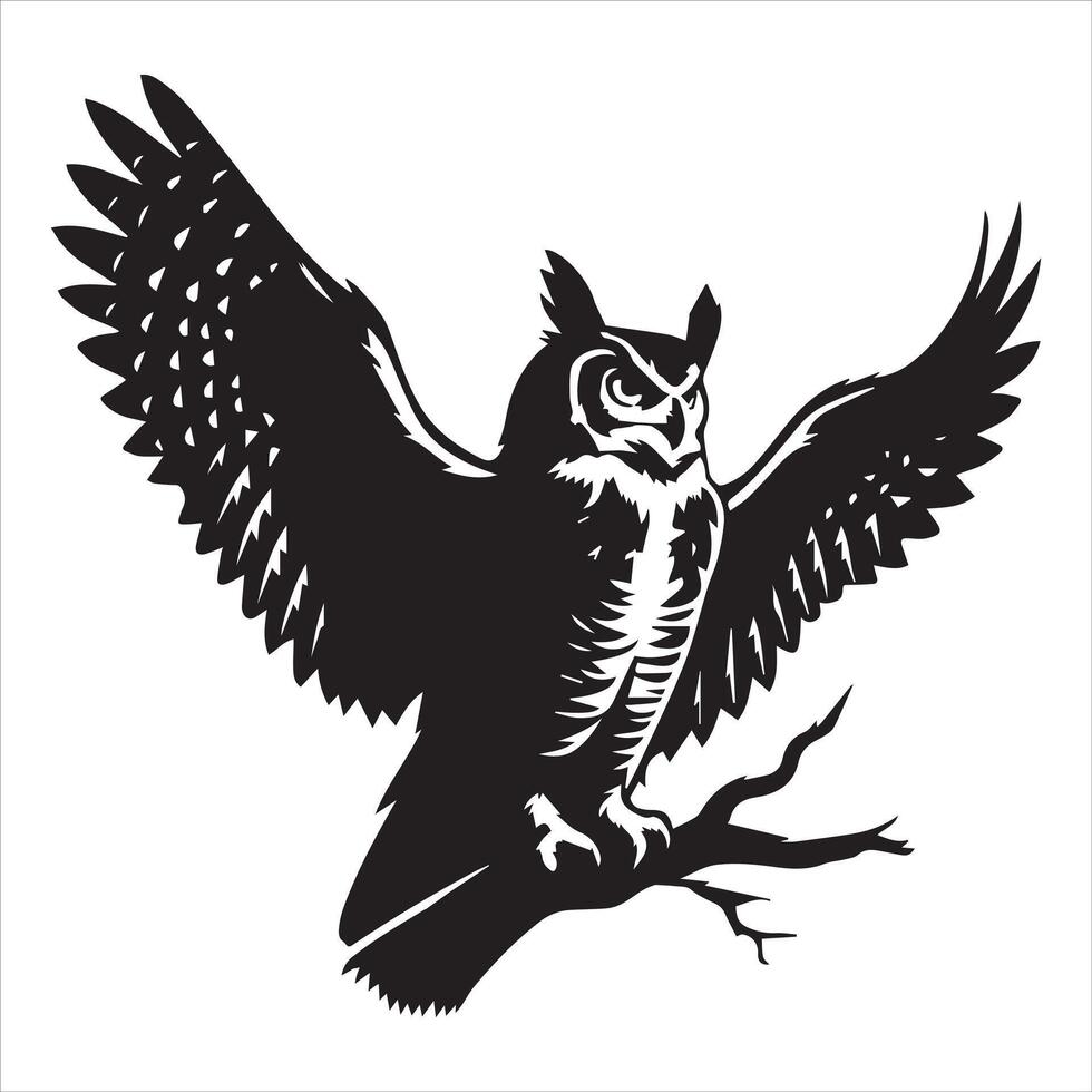 Great horned owl Clipart, Tyto alba Outline Design, Tiger owl silhouette, Hoot Owl illustration in black and white vector