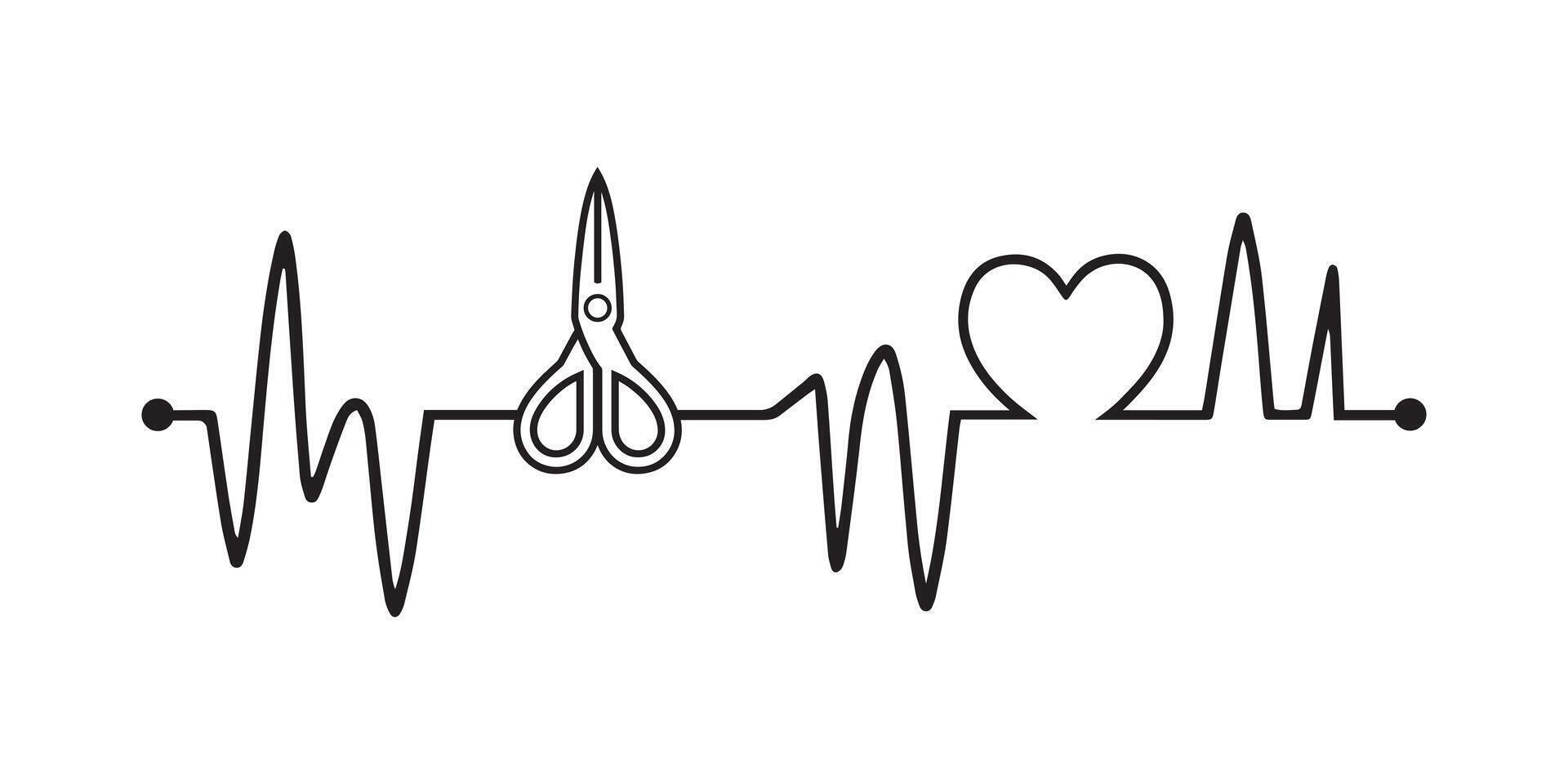 Heartbeat line with Scissors silhouette, Scissors and Heartbeat frequency with Heart Love illustration vector
