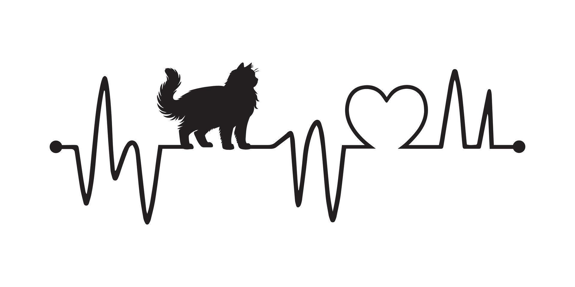 Heartbeat line with Ragdoll Cat silhouette, Cat and Heartbeat frequency with Heart Love illustration vector