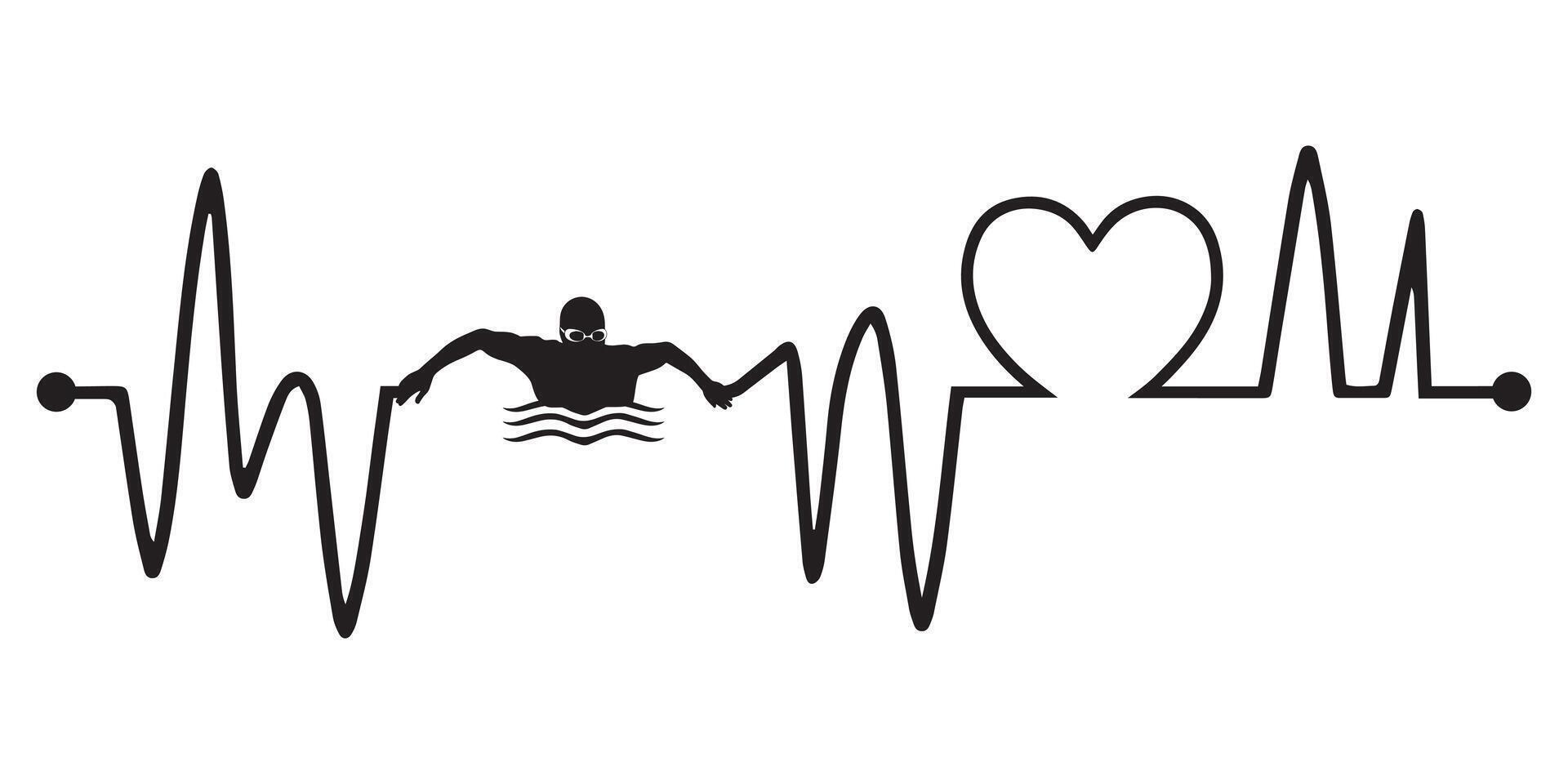 Heartbeat line with Swimming silhouette, Swimming and Heartbeat frequency with Heart Love illustration vector