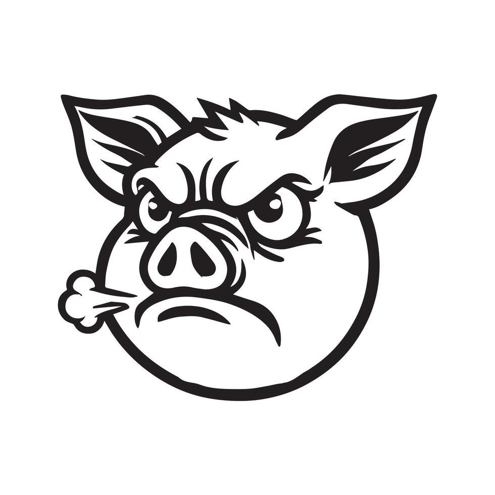 Pig Face Clipart, Swine silhouette, Hog Outline Logo, Domestic pig illustration in black and white vector