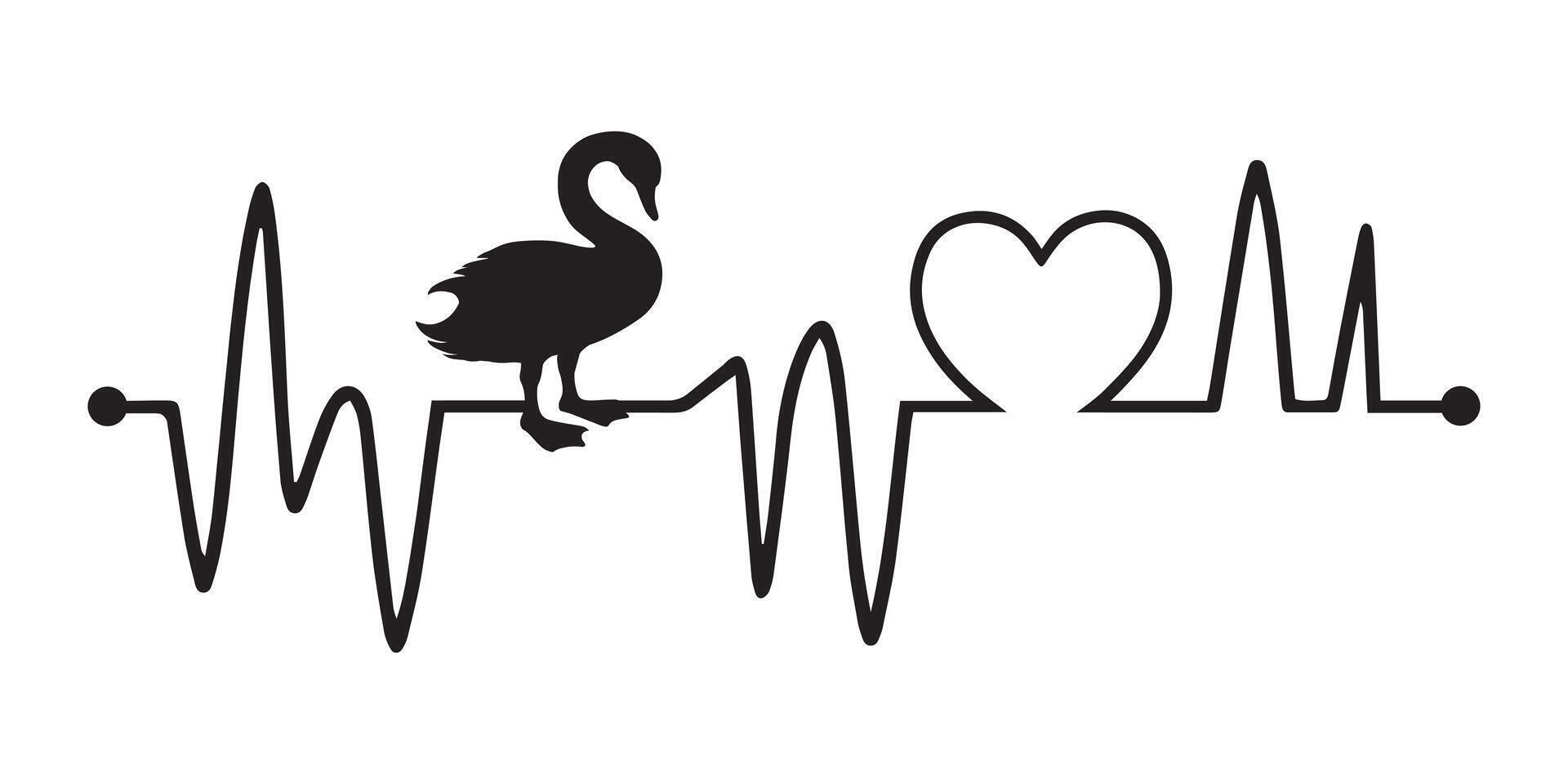 Heartbeat line with Swan silhouette, Swan and Heartbeat frequency with Heart Love illustration vector