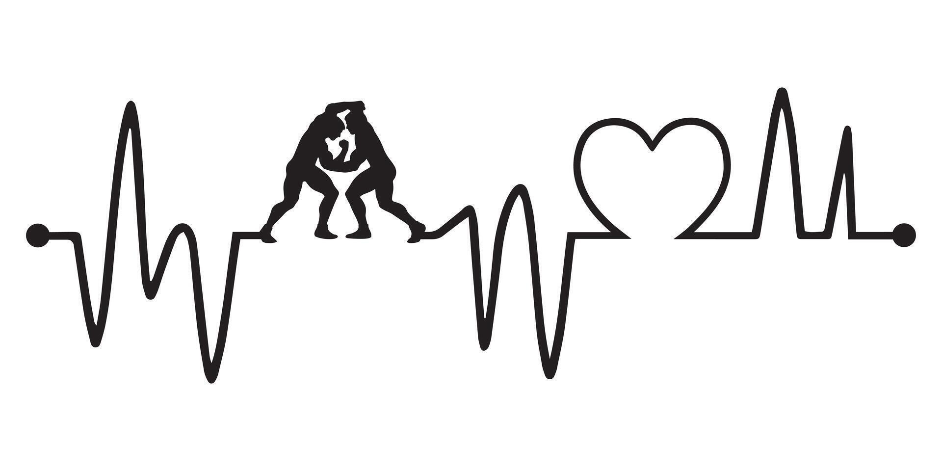 Heartbeat line with Wrestling silhouette, Wrestling and Heartbeat frequency with Heart Love illustration vector