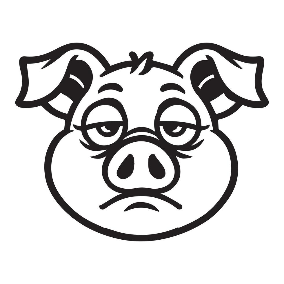 Pig Face Clipart, Swine silhouette, Hog Outline Logo, Domestic pig illustration in black and white vector