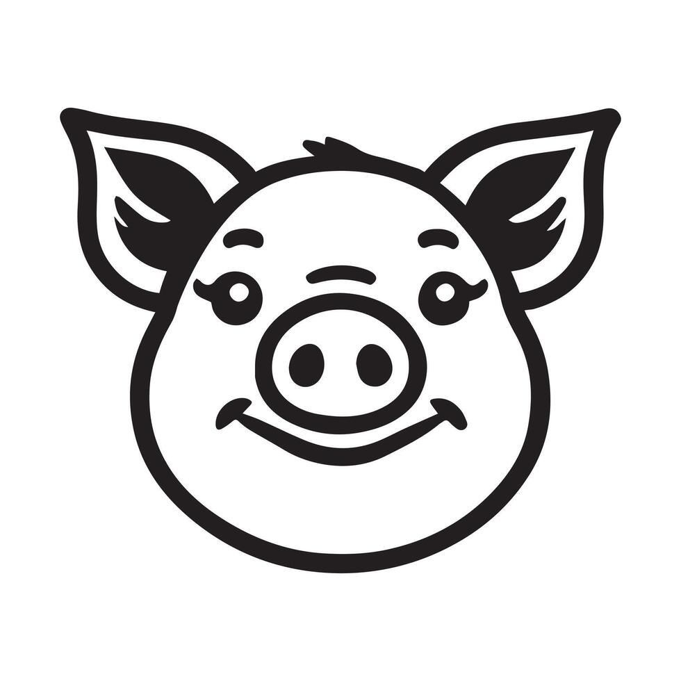 Pig Face Clipart, Swine silhouette, Hog Outline Logo, Domestic pig illustration in black and white vector