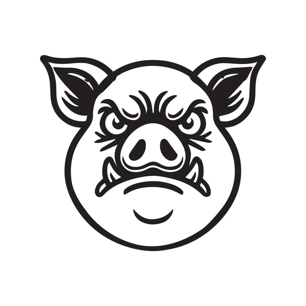 Pig Face Clipart, Swine silhouette, Hog Outline Logo, Domestic pig illustration in black and white vector
